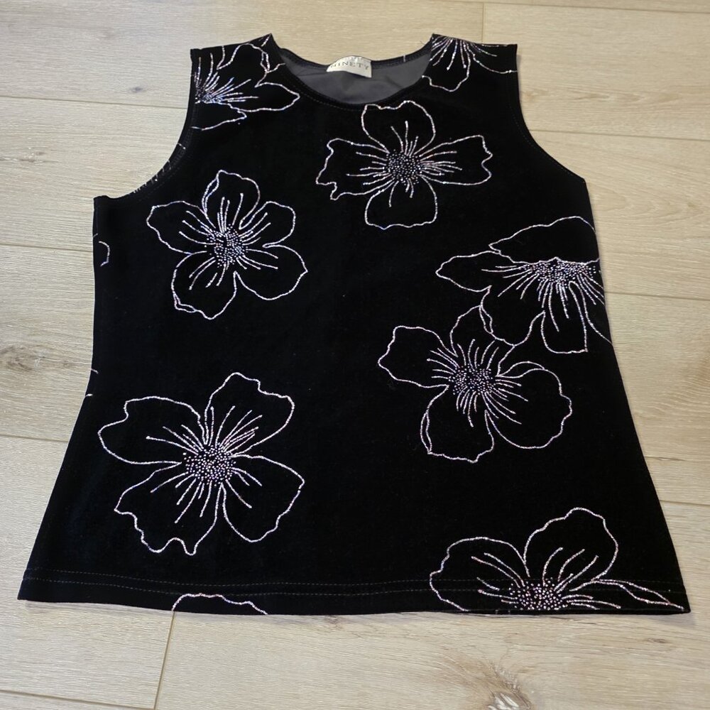 Womens Ninety Black Velvet Sleeveless Sparkly Floral Tank Cami Top Sz Sm READ